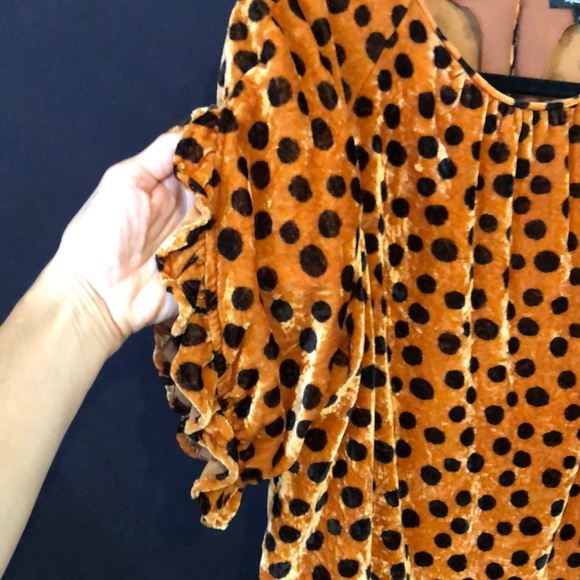 Cute! Madewell Velvet Top. EUC Rust w/ Black Polkadots. Ruffled Open Sleeves. M - Picture 5 of 13
